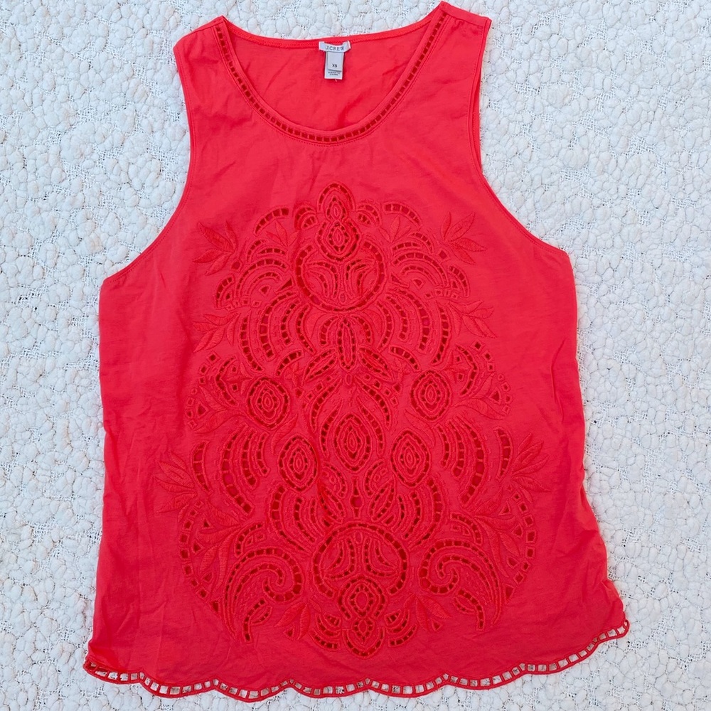 JCrew Embroidered Tank Top- Coral Red-Pink
